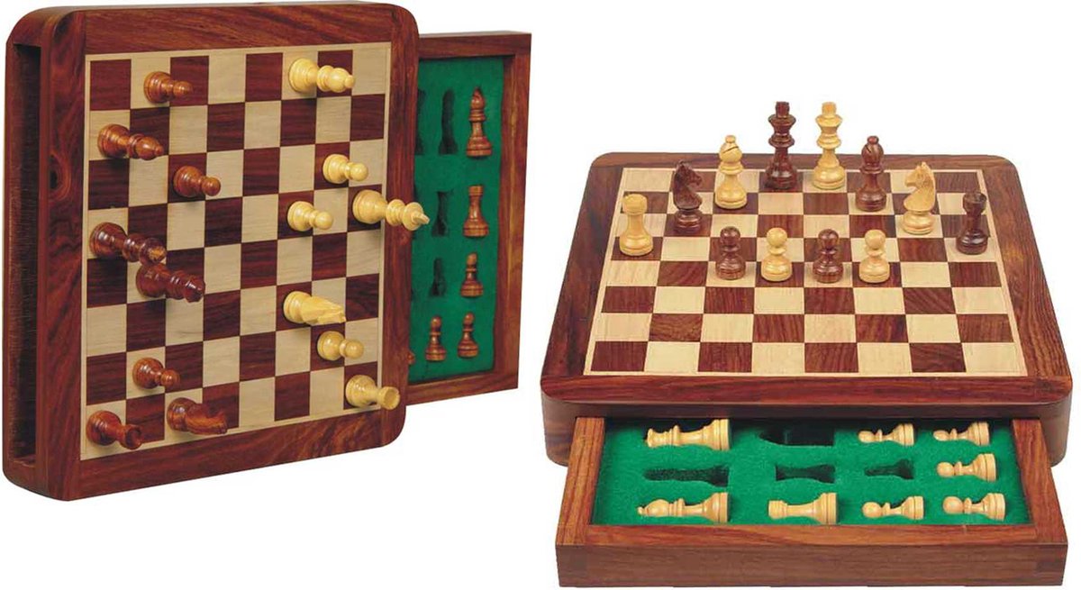 HOT Games jeu d'échecs magnétique en bois d'acacia avec tiroir 19,5x19,5 cm