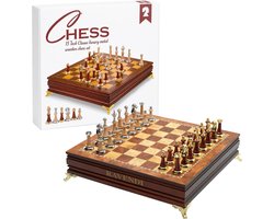 Ravendi Imperium – Luxe Houten Schaakset – Metalen Goud- en Zilverkleurige Schaakstukken – Handgemaakt Decoratief Schaakbord – 38x38 cm – Solid Wood Chess Set – Premium Schaken – Schaakspel – Met Luxe Opbergsysteem – Home Decor – Ideaal cadeau