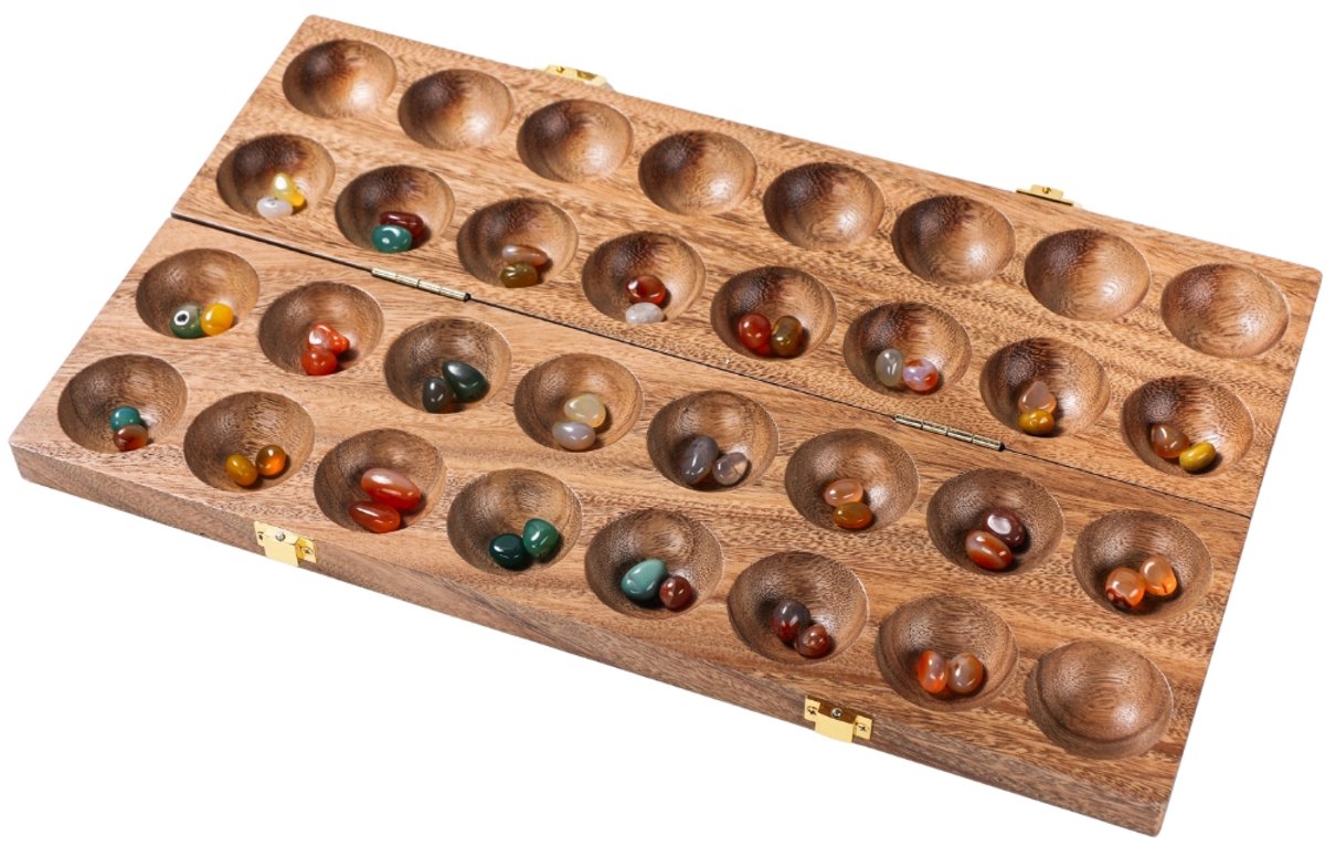 Mancala Noyer Double – Jeu de stratégie en bois – Jeu de société Kalaha de luxe – Jeu de réflexion classique – 2 joueurs – Pierres précieuses incluses – Engelhart