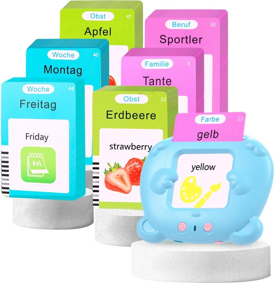 Leerzaam speelgoed-Educatieve spellen-Montessori speelgoed-Woordjes Leren-Duits & Engels Gesproken-Praten Flashkaarten-voor Autisme Peuters Meisjes Jongens 2 3 4 5 6 Jaar-kindercadeaus-Kinderspeelgoed-blauw-255 vellen 510 woorden