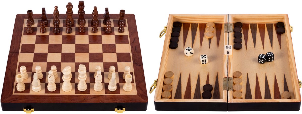 Opklapbare Schaak & Backgammon Set – Houten Schaak- en Backgammonbord van Essenhout – Spelbord 30 x 30 x 5,5 cm – Luxe Reisbord & Draagbare Spelset – 2 spellen in 1 – Engelhart