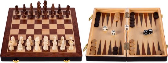 Set d'échecs et de backgammon pliable – Plateau d'échecs et de backgammon en bois de frêne – Plateau de jeu 30 x 30 x 5,5 cm – Coffret de voyage de luxe et jeu transportable – 2 jeux en 1 – Engelhart