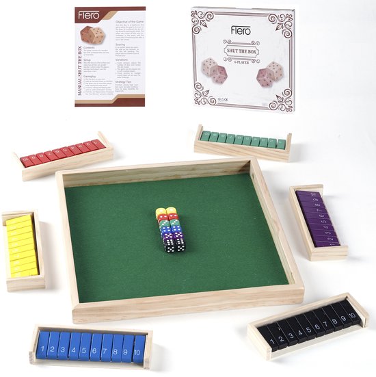 Flero Shut The Box, Houten Dobbelspel, Klepspel - 6 Spelers Modulair Familie Bordspel met 6 Losse Gekleurde Klepjesrijen en 12 Dobbelstenen - Montessori Tactiek- en Rekenspel voor Grote Groepen, Klassen en Feestjes Jaar