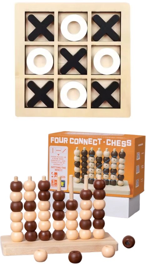 DMG Supply Houten Spelset - Boter Kaas en Eieren - Vier op een Rij 3D - 2 Spellen - 2 Spelers - Jaar