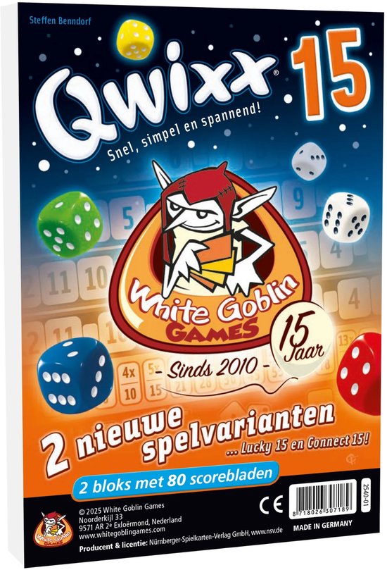 White Goblin Games - Qwixx 15 - Jeu de dés - 2 à 5 joueurs - Pour toute la famille - Extension - Blocs de score supplémentaires avec de nouveaux défis