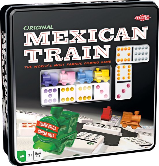Tactic Domino Mexican Train – Bordspel – Luxe Tin – Wereldberoemd Dominospel met Gekleurde Stenen – 2 tot 8 Spelers – Jaar
