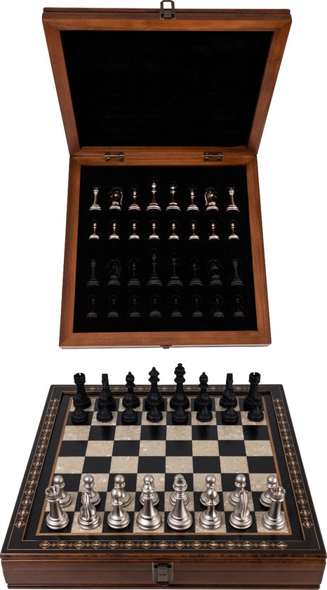 Handgemaakte houten schaakbord met opbergsysteem - Metalen Schaakstukken - Luxe uitgave - Schaakspel - Schaakset - Schaken - Chess - 40 x 40 cm