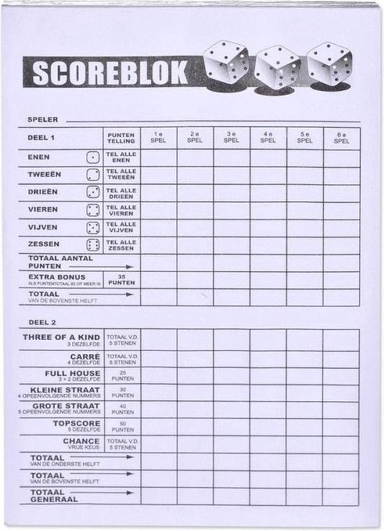 Yahtzee scoreblokken - met 6 dobbelstenen - bobbelen - speelgoed