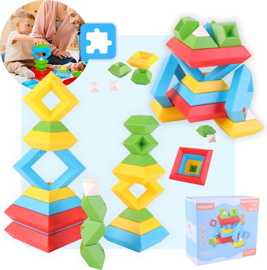 Mauzek® Stapelstenen - 30 pièces - Jouet d'empilage - Jouet Montessori - Jeu de tri - Jouet éducatif - Jouet pour tout-petits - Blocs à empiler - Blocs de jeu - Tour à empiler - Blocs de construction - Jouet de construction - 3 ans - 4 ans - 5 ans - 6 ans