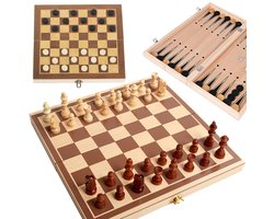 3-in-1 Schaakspel Hout – Schaken, Dammen & Backgammon Set – Opvouwbaar Bordspel