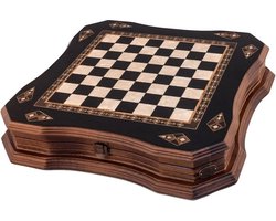 Handgemaakte houten schaakbord met opbergsysteem - Metalen Schaakstukken - Luxe uitgave - Schaakspel - Schaakset - Schaken - Chess - 38,5 x 38,5 cm