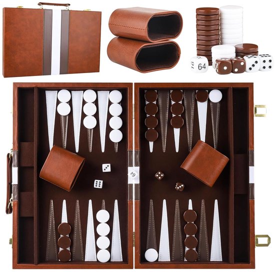 Omgoods- Mallette de Backgammon - Set en bois - Portable - 2 Joueurs - Pliable - Étui en cuir haut de gamme - Dès 8 ans - Jeu de société