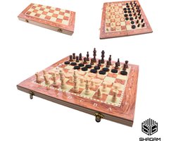 Schaakbord - Backgammon - Dambord (8x8) - 34 x 34 cm - Schaakspel - Schaakset - Schaken - Dammen - Met Schaakstukken - 3-in-1 Bordspel - Chess - Hout - Opklapbaar