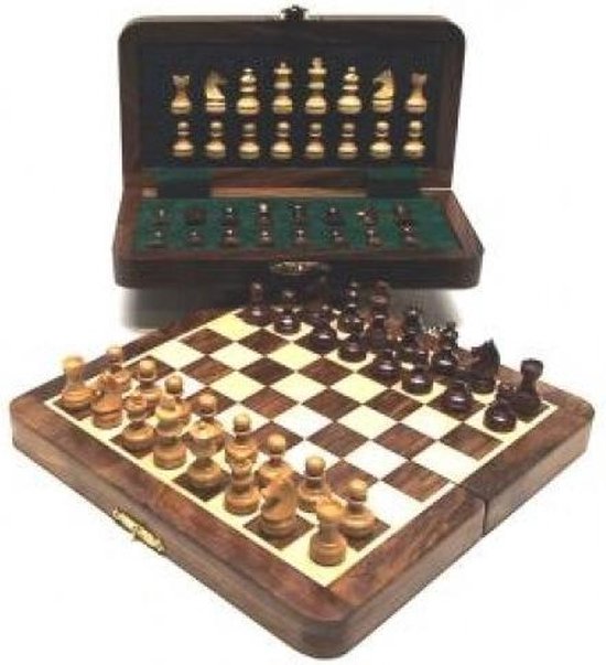 HOT Games jeu d'échecs magnétique en acacia marqueté 25x13cm classique.