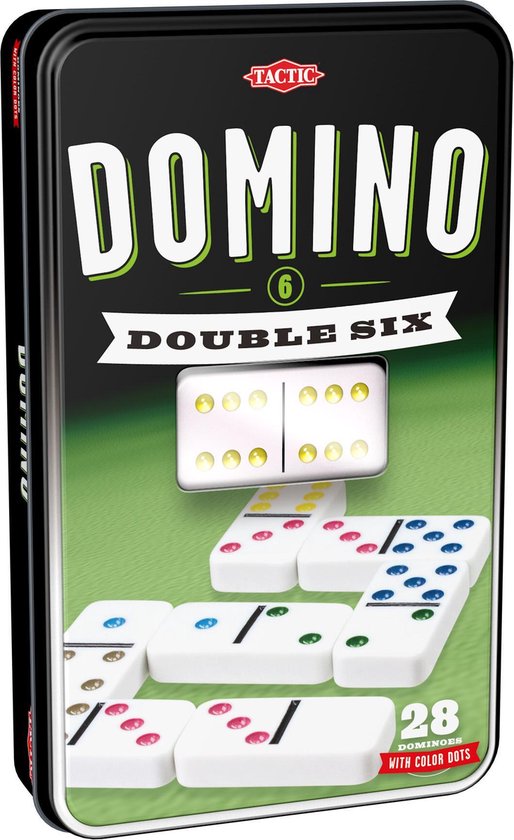 Tactic Domino Double Six – Jeu de société – Boîte métal de luxe – Jeu de dominos classique avec pièces colorées – Dès 7 ans – 2 joueurs ou plus