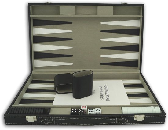 Aurixi® Backgammon Koffer – Luxe Backgammon Set – Lederen Bordspel – Zwart - ‎39cm x 25cm x 6 cm