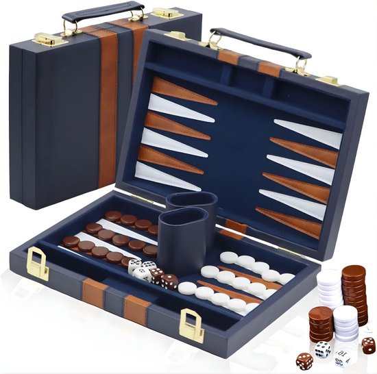 AHD® Backgammon - Backgammon Koffer - Backgammon Reiseditie - Backgammon Hout - Marineblauw - 29cm x 20cm x 1cm