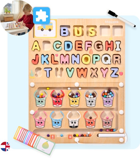 Mauzek® Labyrinthe Magnétique Lettres et Couleurs – Jouet Montessori – Jouet en bois – Jouet sensoriel – Alphabet – Tableau d'activités – Jeu de motricité – Tout-petits – Lettres – Jeu magnétique – Garçons – Filles – 3 ans – 4 ans – 5 ans – 6 ans