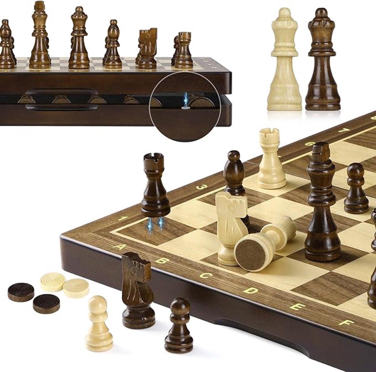Jeu d'échecs magnétique 2-en-1 de luxe en bois – Échiquier & damier 38 cm – Pliable avec fermeture magnétique – 2 reines supplémentaires incluses