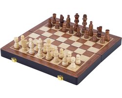 Schaakspel Deluxe Inklapbaar – Houten Schaakset van Essenhout – Luxe Bruin Schaakbord 24.5 x 24.5 x 5,0 cm – Opklapbaar & Compact – Engelhart