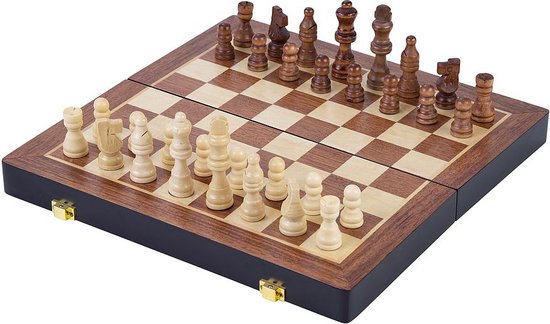 Jeu d'échecs Deluxe Pliable – Set d'échecs en bois de frêne – Échiquier brun de luxe 24.5 x 24.5 x 5,0 cm – Pliable & Compact – Engelhart