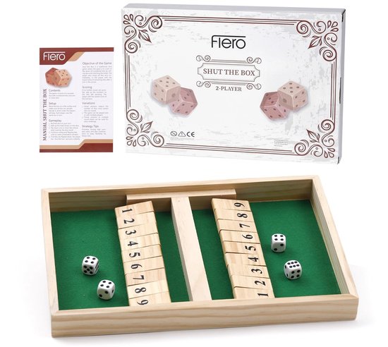 Flero Shut The Box, Houten Dobbelspel, Klepspel - 2 Spelers Duel Bordspel met Scheidingswand en 4 Dobbelstenen - Montessori Tactiek- en Rekenspel voor Kinderen en Volwassenen Jaar - Reisspel, Cadeau