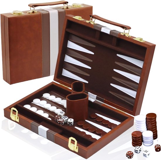 AHD® Backgammon - Mallette de Backgammon - Backgammon Édition Voyage - Backgammon en Bois - Brun - 29cm x 20cm x 1cm
