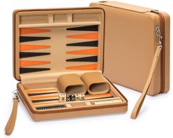 MIRA® Backgammon Koffer – Luxe Backgammon Set – Lederen Bordspel – Bruin- 24cm x 23cm x 1cm