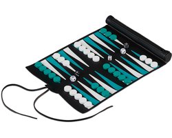 backgammon reiseditie - oprolbaar - met acccessoires - kunstleer - turquoise-zwart