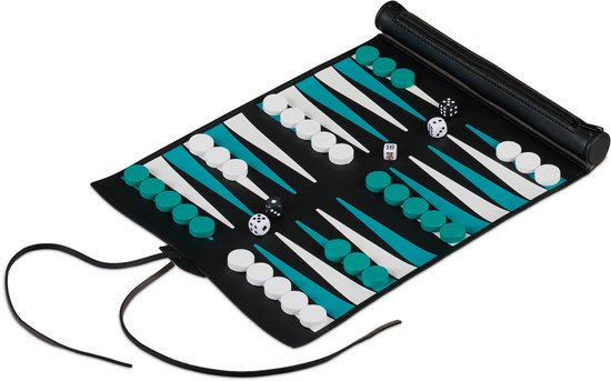 backgammon reiseditie - oprolbaar - met acccessoires - kunstleer - turquoise-zwart