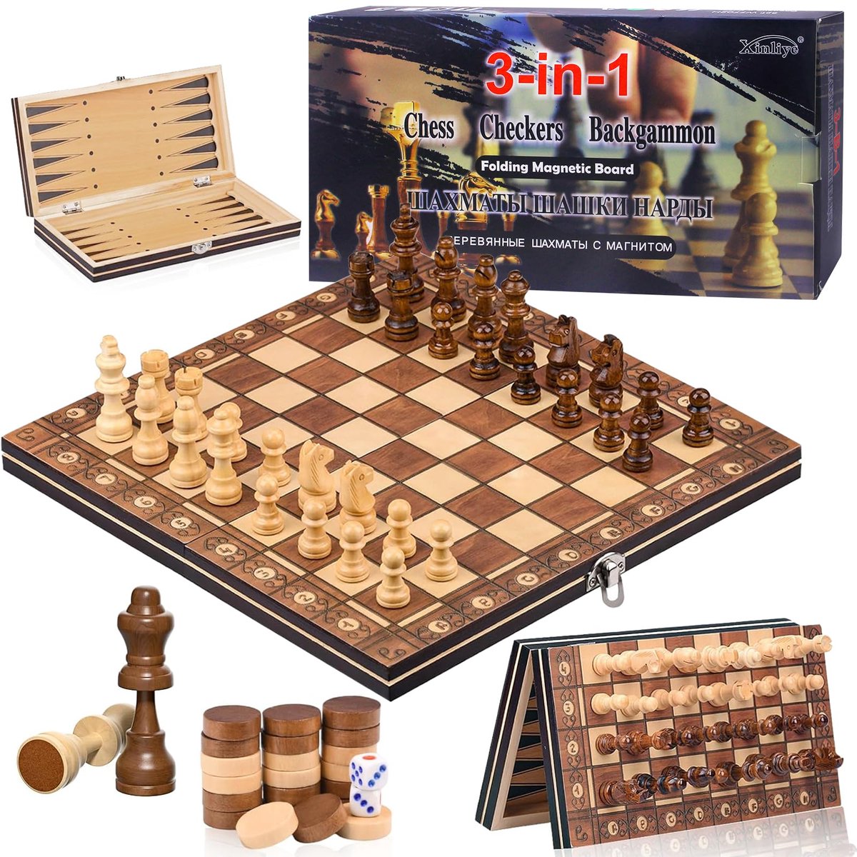 Jeu d'échecs magnétique en bois 3 en 1, jeu pliable et transportable avec dames et backgammon, jeu de stratégie familial 29x15 cm
