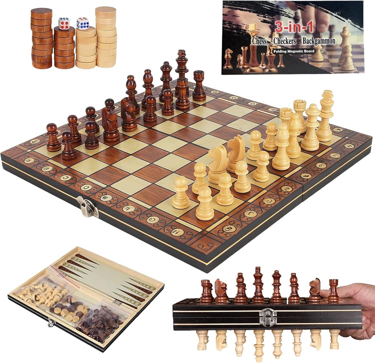 Jeu d'Échecs Magnétique Pliable - Bois - Design 3-en-1 - Portable - Pour Passionnés de Jeux de Société