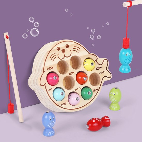 Educatief kerstspeelgoed voor kinderen: magnetisch visspel, concentratietraining, houten magnetisch visspeelgoed (zeehond)