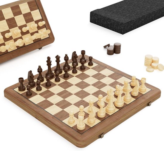 Jeu d'échecs pliable en bois - Plateau bicolore - Rangement magnétique - Fait main - Pour adultes et collectionneurs