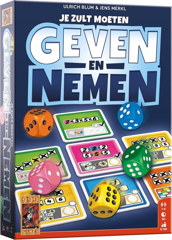999 Games - Geven en Nemen - Jeu de dés - Mécanisme de jeu unique - Avec cartes effaçables et feutres - Jeu familial - Jeu de société - Petit cadeau