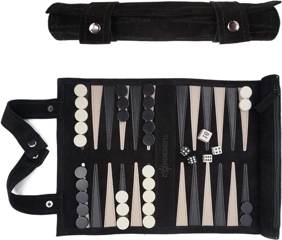 TIM® Backgammon Koffer – Luxe Backgammon Set – Lederen Bordspel – Reisspel Set - Draagbaar – Set Spelers - 35 x 25 cm - Zwart - 26cm x 6cm x 6cm