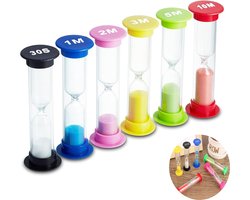 Kleurrijke zandlopers in 6 kleuren, perfect voor timing van 30 seconden tot 10 minuten, ideaal voor spelletjes en kooktijd.
