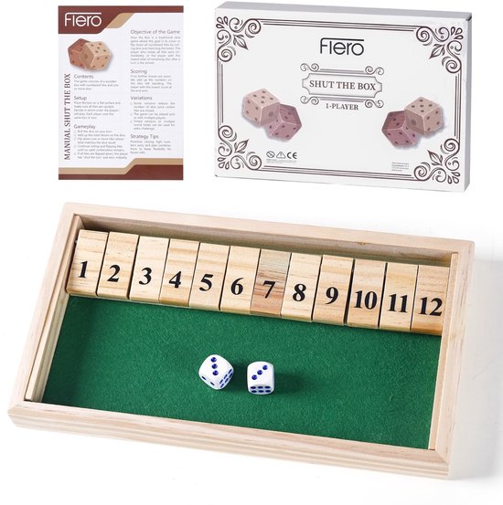 Flero Shut The Box, Houten Dobbelspel, Klepspel - 1 Speler Bordspel met 12 Klepjes en 2 Dobbelstenen - Montessori Tactiek- en Rekenspel voor Kinderen, Volwassenen en Ouderen Jaar - Reisspel, Cadeau (Groen)