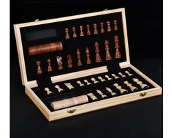 WK 2-in-1 Magnetisch Schaak- en Damspel – Opvouwbaar Houten Bord 39x39 cm – Luxe Set met Massief Houten Stukken en Opbergdoos