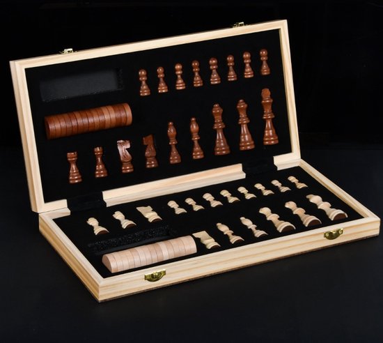 WK 2-in-1 Magnetisch Schaak- en Damspel – Opvouwbaar Houten Bord 39x39 cm – Luxe Set met Massief Houten Stukken en Opbergdoos