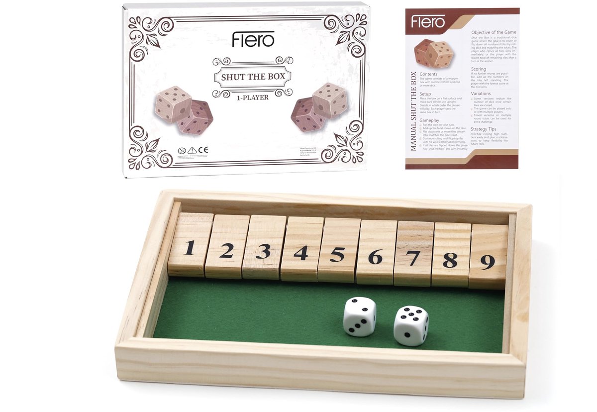 Flero Shut The Box - 1 Joueur - Jeu de dés - Jeu de tactique et de calcul (1-9) - Jeu de société, Jouet éducatif, Jeu d'apprentissage pour enfants et adultes