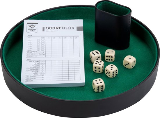Set de Dés Complet - Piste de Poker 26 cm - Gobelet à Dés - 6 Dés 16 mm - Bloc de Score - Accessoire de Poker & Dés - Engelhart