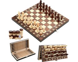 Schaakstenen - Houtkleur - 29,5 x 15,5 x 4,2 cm - Massief Houten 3-in-1 Schaakbordspel - Voor Kinderen en Reizen