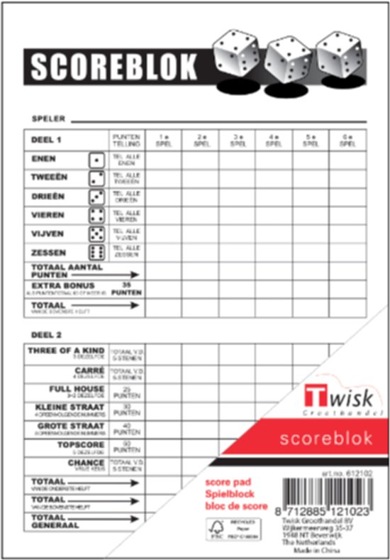 Scoreblok Yahtzee - blok 100 vellen - dobbelspel - punten opschrijven - 10 x 15 cm - puntentelling
