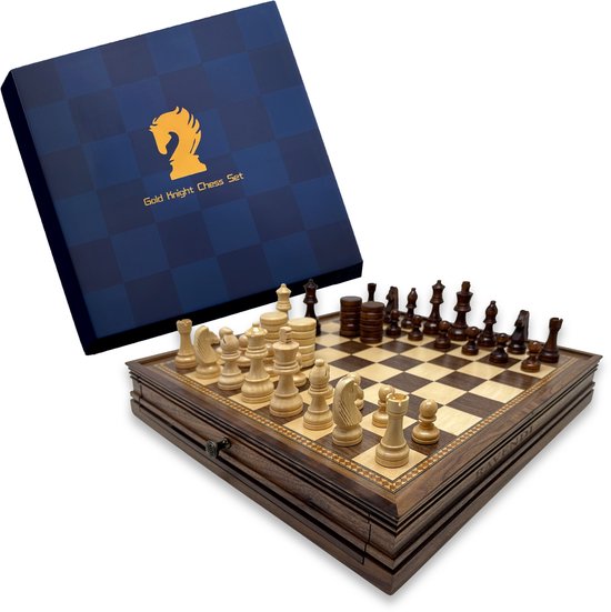 Ravendi Dominion – Coffret de luxe 2-en-1 échecs et dames en bois fait main – Bois de noyer et d'érable – Échiquier décoratif avec pièces d'échecs et pions de dames magnétiques – 30x30 cm – Échecs et Dames – Jeu d'échecs – Avec rangement de luxe – Cadeau idéal
