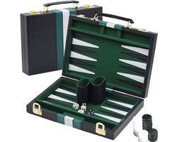 CLVP® Backgammon Koffer – Luxe Backgammon Set – Lederen Bordspel – Reisspel Set - Draagbaar –Zwart en groen