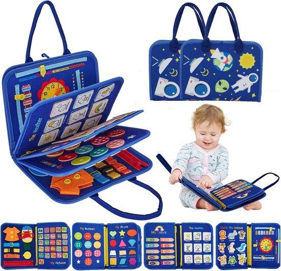 COOAU - 12-in-1 Peuter Busy Binder & Busy Book - Montessori Activiteitenboek voor Kinderen 1-4 Jaar - Educatief Speelgoed -3 Jaar - Boeiend & Interactief Leren - Ontwikkelt Fijne Motoriek, Cognitie & Creativiteit - Blauw