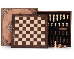 Schaakstenen - Walnoot Bruin - 30 x 30 x 5,5 cm - Houten 2-in-1 Schaak- en Damspel - Voor Volwassenen en Kinderen