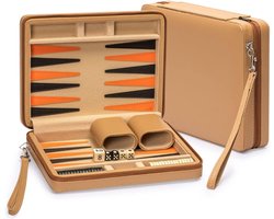YOR® Backgammon Koffer – Luxe Backgammon Set Van Kunstleder – Bordspel – Reisspel Set - Draagbaar – Set Voor 2 Spelers- Geel - 24cm x 23cm x 1cm