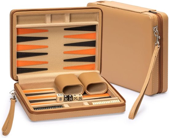 YOR® Backgammon Koffer – Luxe Backgammon Set Van Kunstleder – Bordspel – Reisspel Set - Draagbaar – Set Spelers- Geel - 24cm x 23cm x 1cm